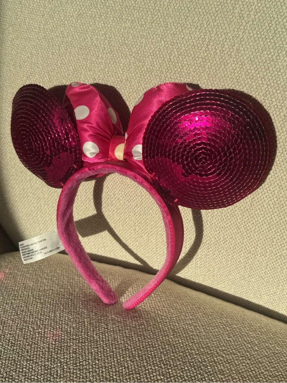Disney Hot Pink Sequin Minnie Ears with Polka Dot Bow